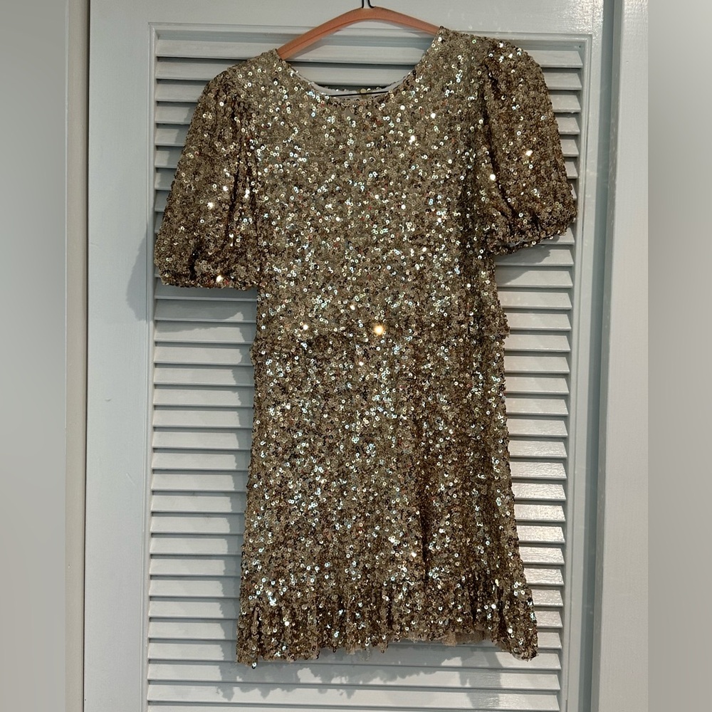 Gold Sequin Sheath Dress with Puff Sleeves